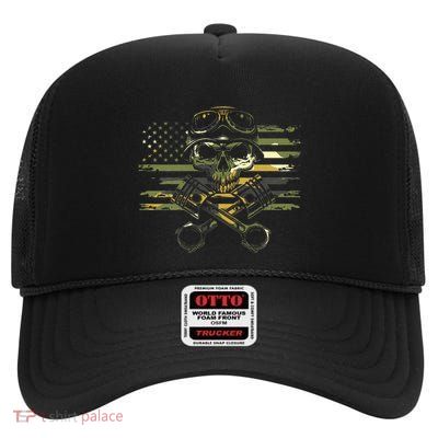 American Flag Biker Motorcycle High Crown Mesh Back Trucker Hat