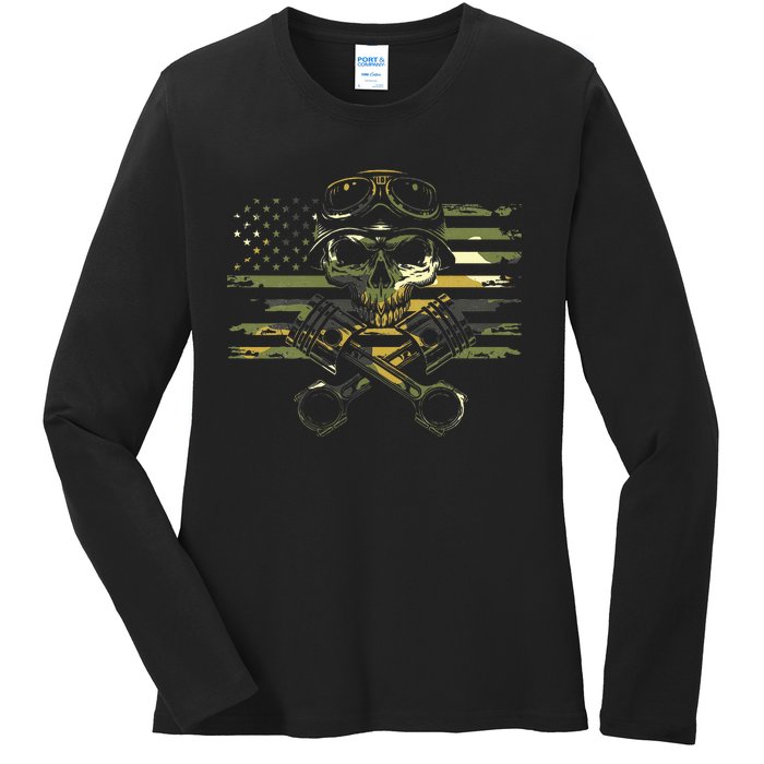 American Flag Biker Motorcycle Ladies Long Sleeve Shirt