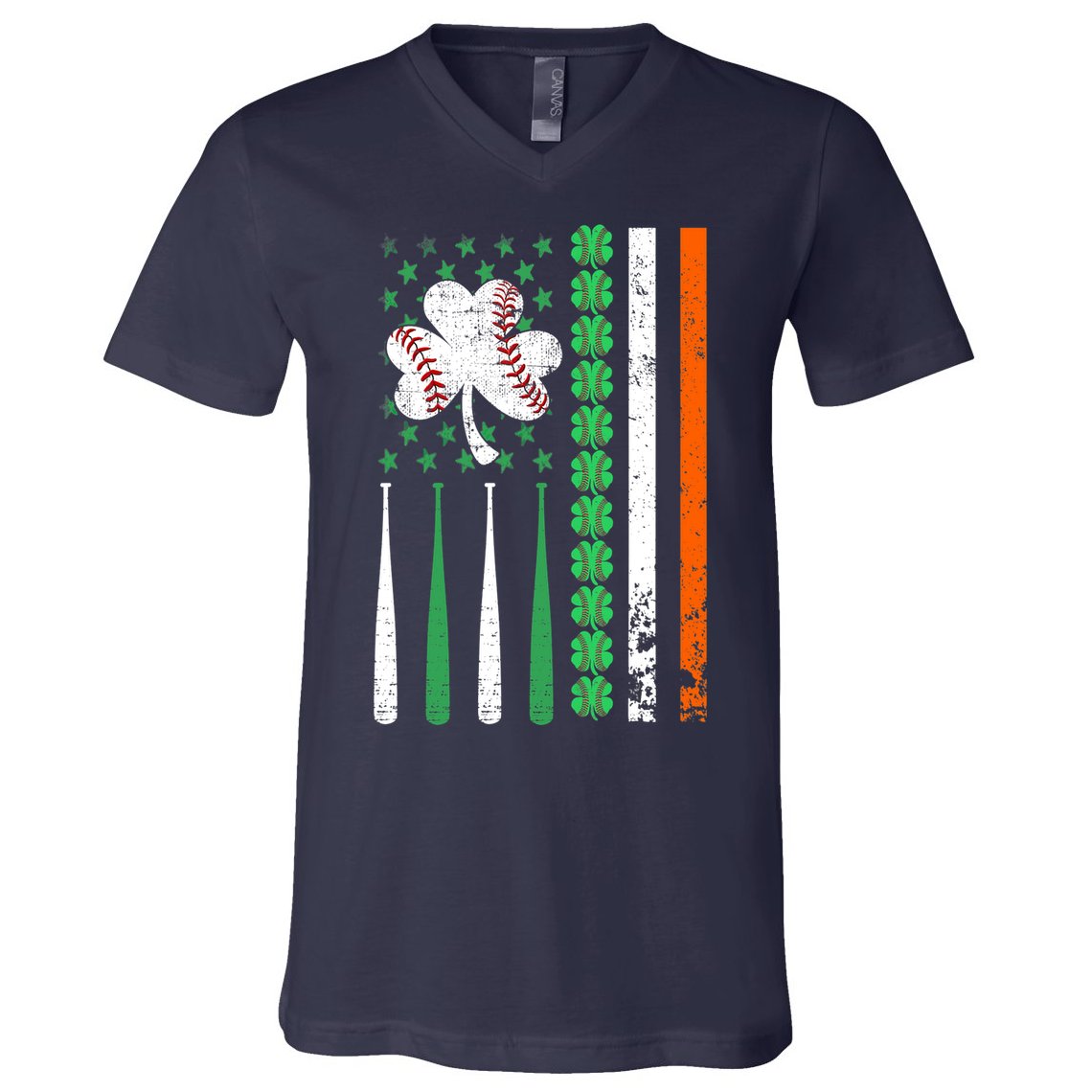 American Flag Baseball St Patricks Day Shamrock Lucky Clover V-Neck T-Shirt