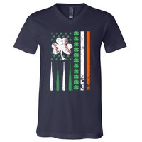 American Flag Baseball St Patricks Day Shamrock Lucky Clover V-Neck T-Shirt