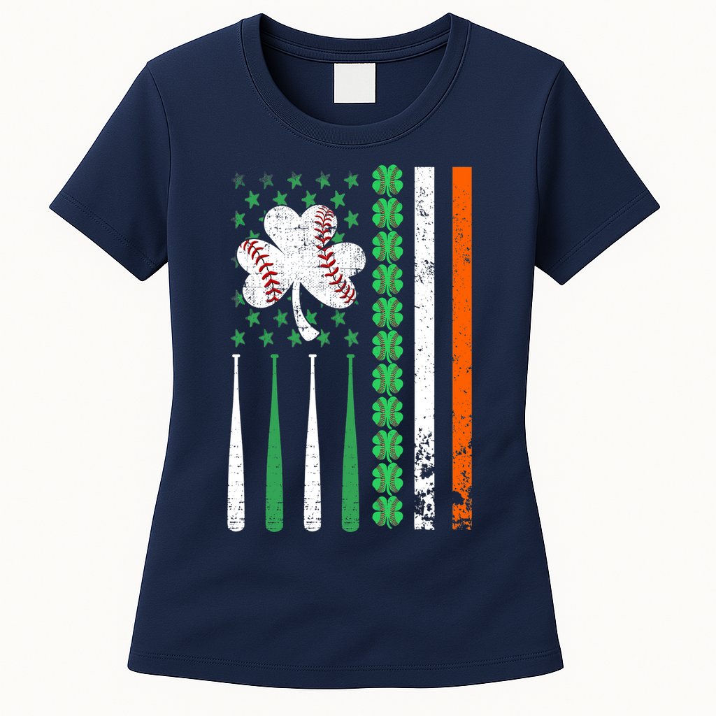 American Flag Baseball St Patricks Day Shamrock Lucky Clover Womens T-Shirt