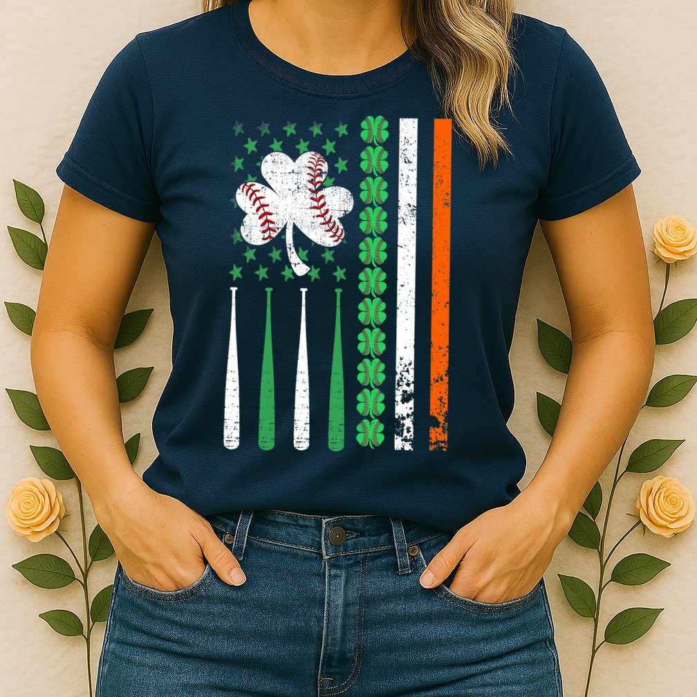 American Flag Baseball St Patricks Day Shamrock Lucky Clover Womens T-Shirt
