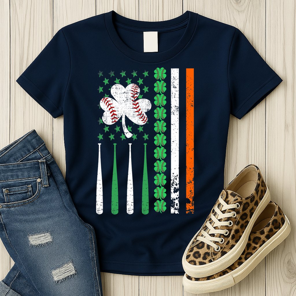 American Flag Baseball St Patricks Day Shamrock Lucky Clover Womens T-Shirt