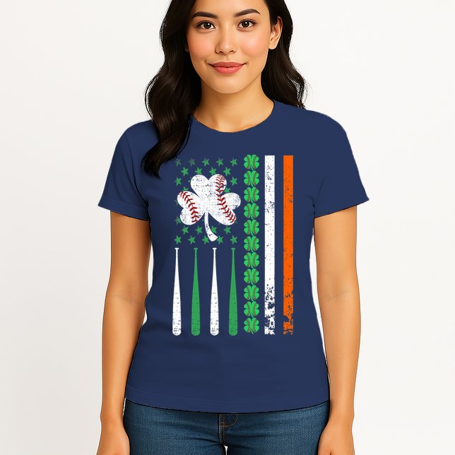 American Flag Baseball St Patricks Day Shamrock Lucky Clover Womens T-Shirt
