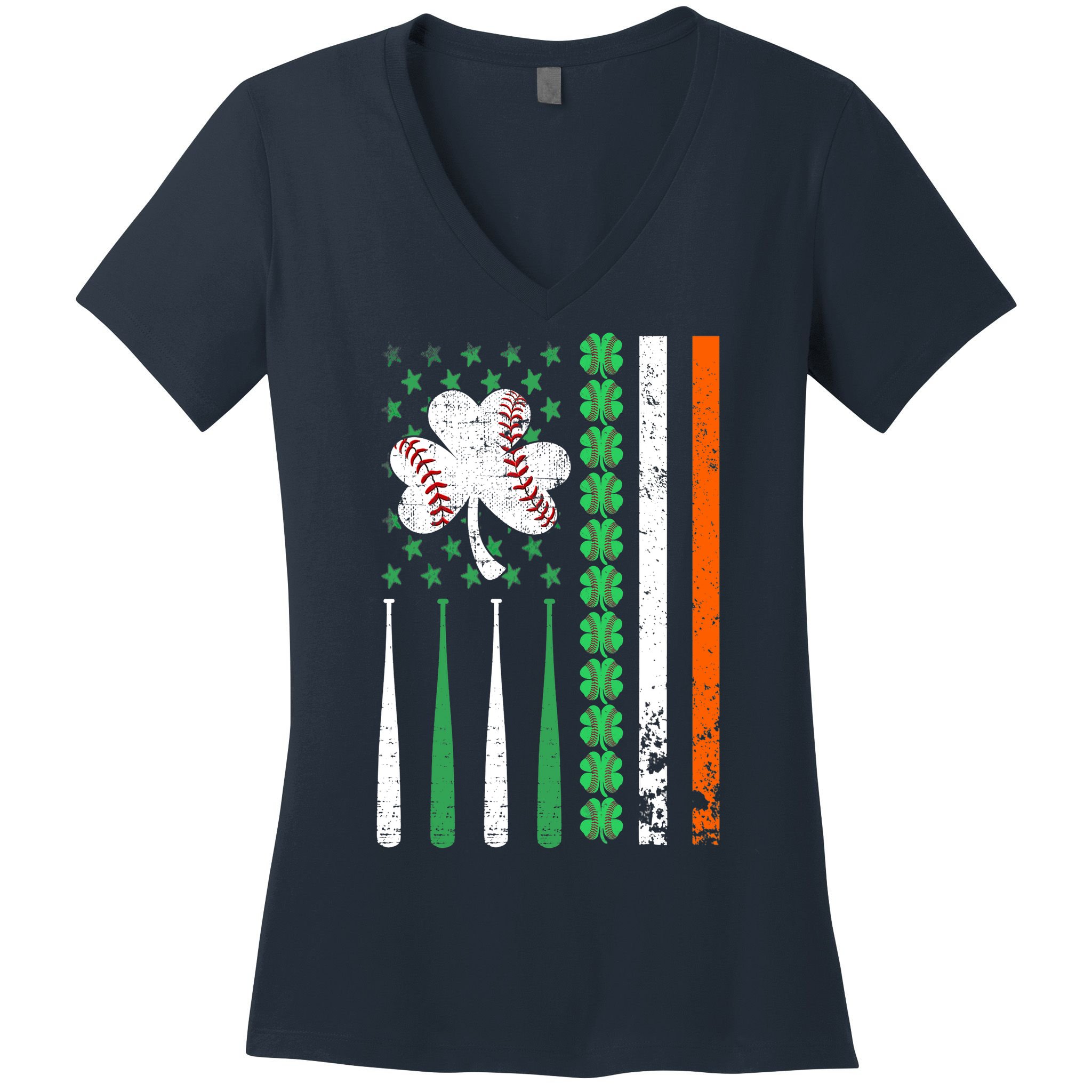 American Flag Baseball St Patricks Day Shamrock Lucky Clover Women's V-Neck T-Shirt
