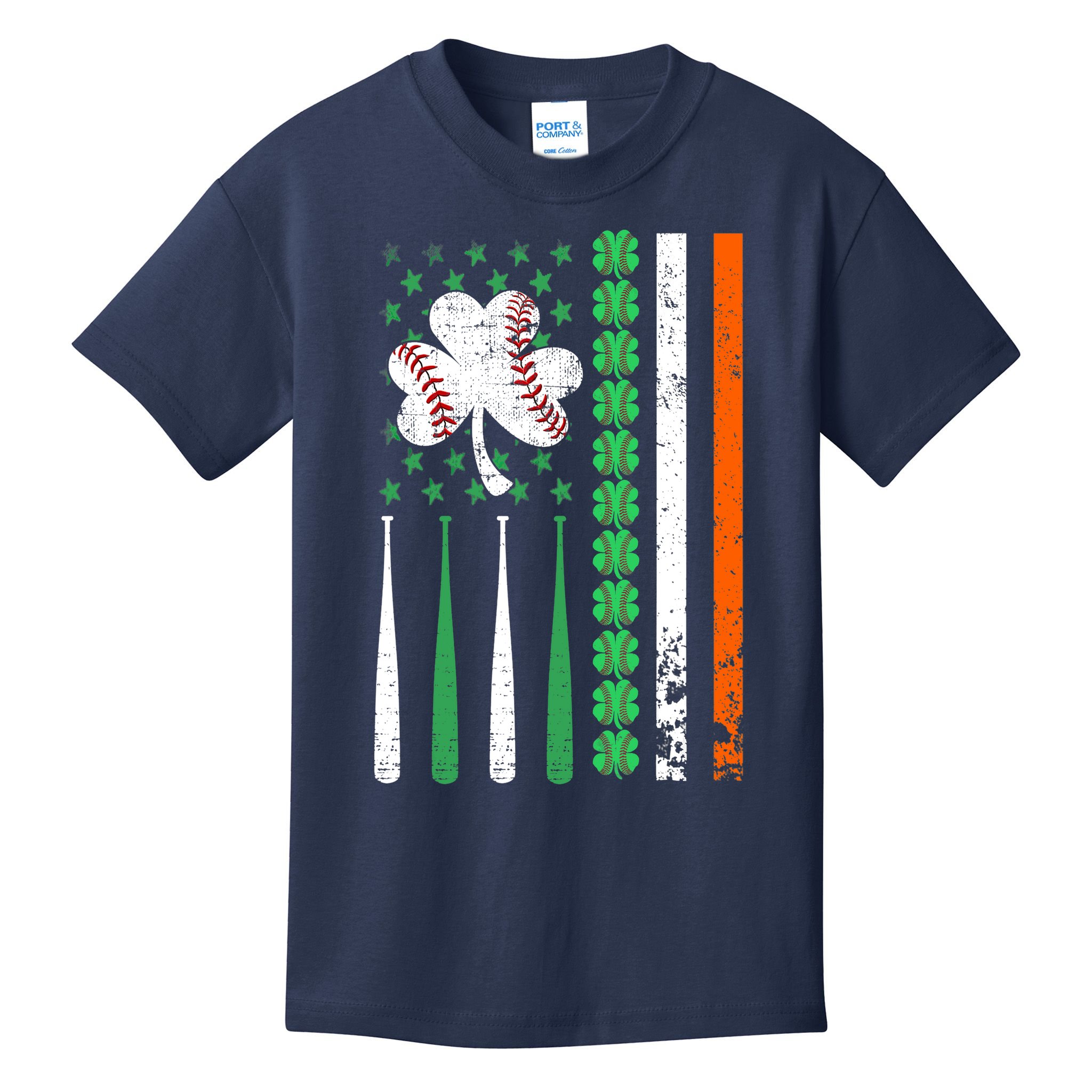 American Flag Baseball St Patricks Day Shamrock Lucky Clover Kids T-Shirt