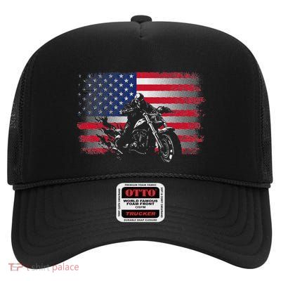American Flag Biker Motorcycle High Crown Mesh Back Trucker Hat