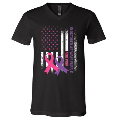 American Flag Breast Cancer and Domestic Violence Awareness V-Neck T-Shirt