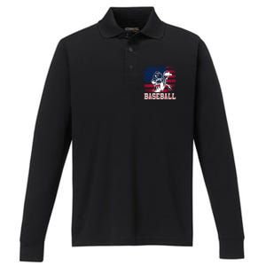 American Flag Baseball Player Batter Funny Game Day Gift Performance Long Sleeve Polo