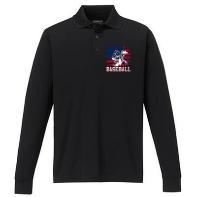 American Flag Baseball Player Batter Funny Game Day Gift Performance Long Sleeve Polo