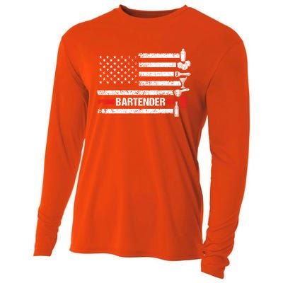 American Flag Bartending Bar Working Bartender Gift Cooling Performance Long Sleeve Crew