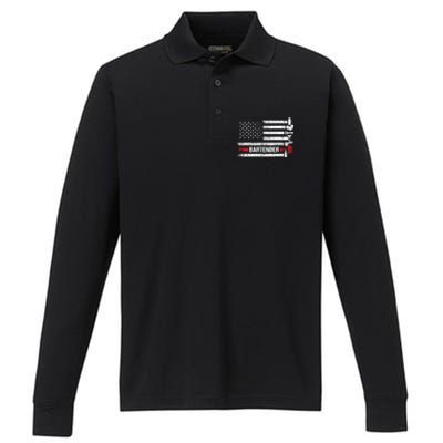 American Flag Bartending Bar Working Bartender Gift Performance Long Sleeve Polo