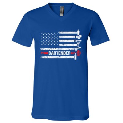 American Flag Bartending Bar Working Bartender Gift V-Neck T-Shirt