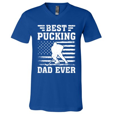 American Flag Best Pucking Dad Ever Hockey FatherS Day Cool Gift V-Neck T-Shirt