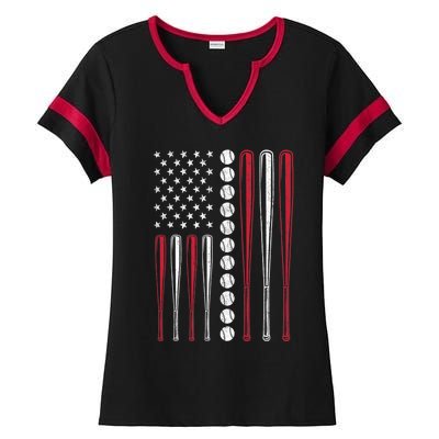 American Flag Baseball Team Gift Ladies Halftime Notch Neck Tee