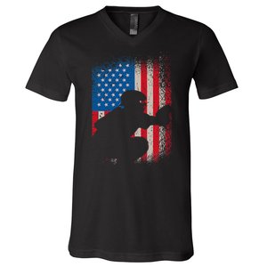 American Flag Baseball Catcher Usa Flag Baseball V-Neck T-Shirt