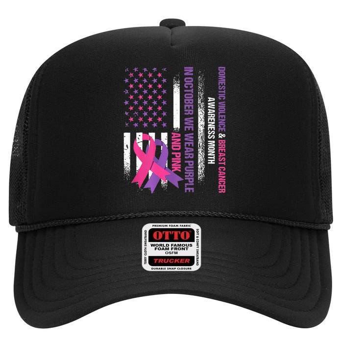 American Flag Breast Cancer And Domestic Violence Awareness High Crown Mesh Back Trucker Hat