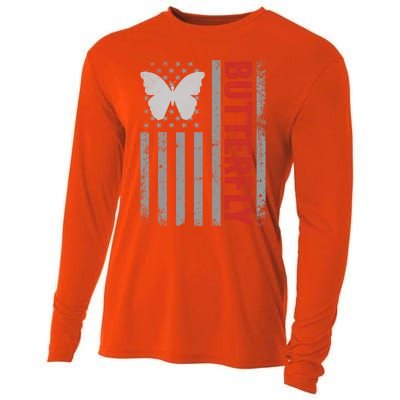 American Flag Butterfly Patriotic Vintage Butterfly Lover Gift Cooling Performance Long Sleeve Crew