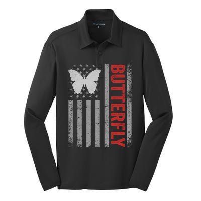 American Flag Butterfly Patriotic Vintage Butterfly Lover Gift Silk Touch Performance Long Sleeve Polo