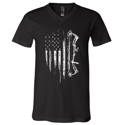 American Flag Bowhunting Bow Archery Gift For Deer Hunter V-Neck T-Shirt