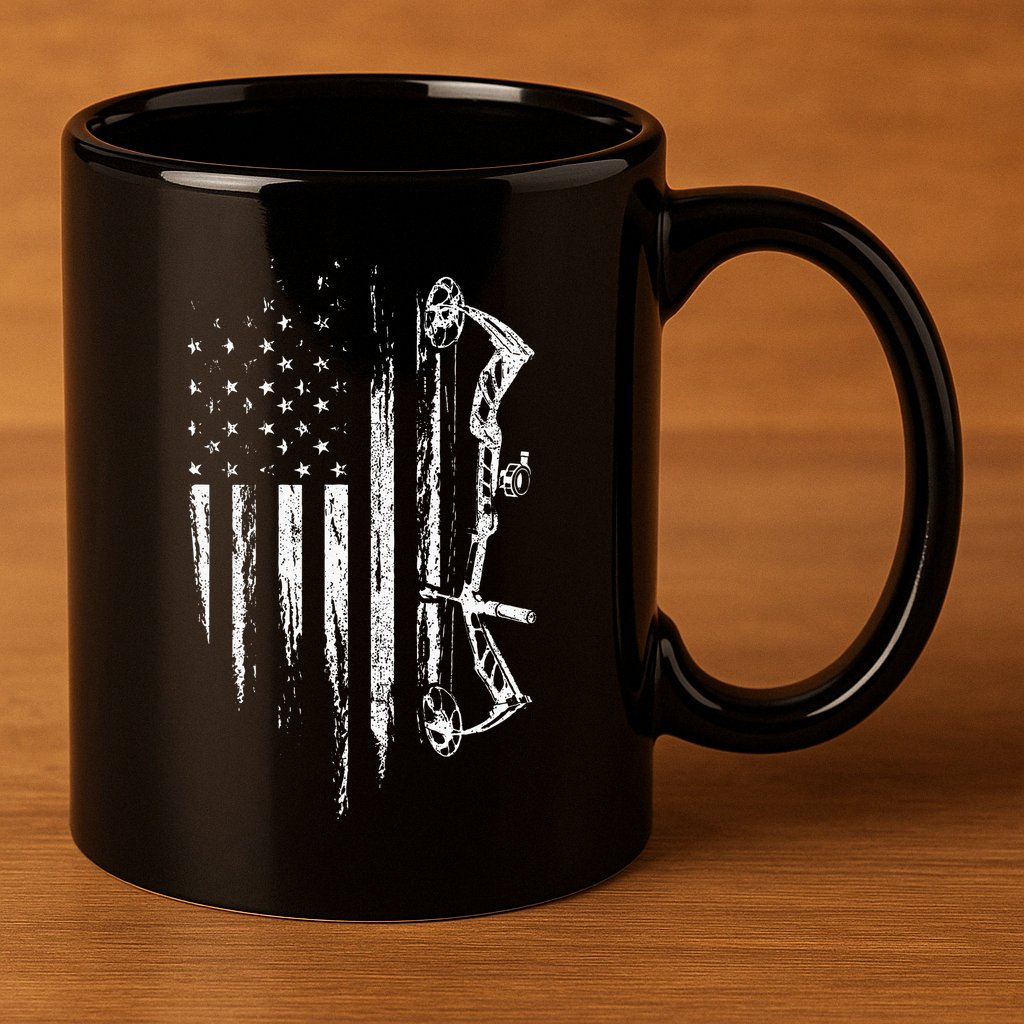 American Flag Bowhunting Bow Archery Gift For Deer Hunter 11oz C Handle Ceramic Mug