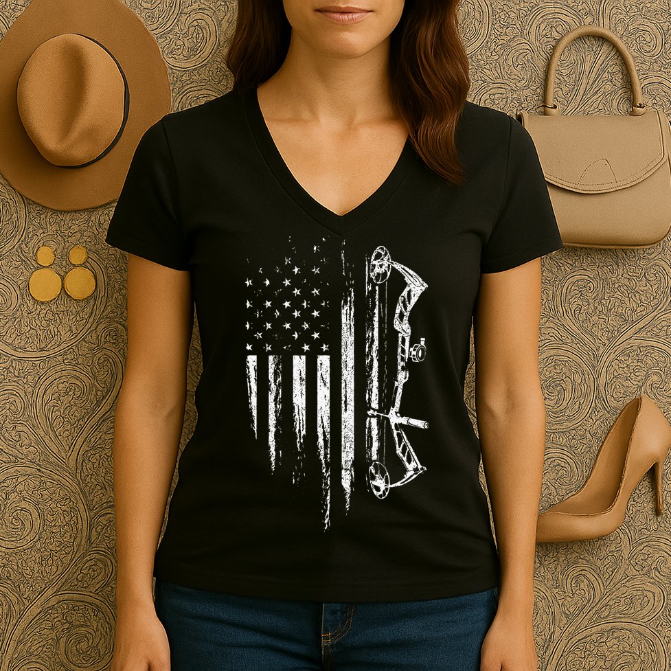 American Flag Bowhunting Bow Archery Gift For Deer Hunter Women's V-Neck T-Shirt