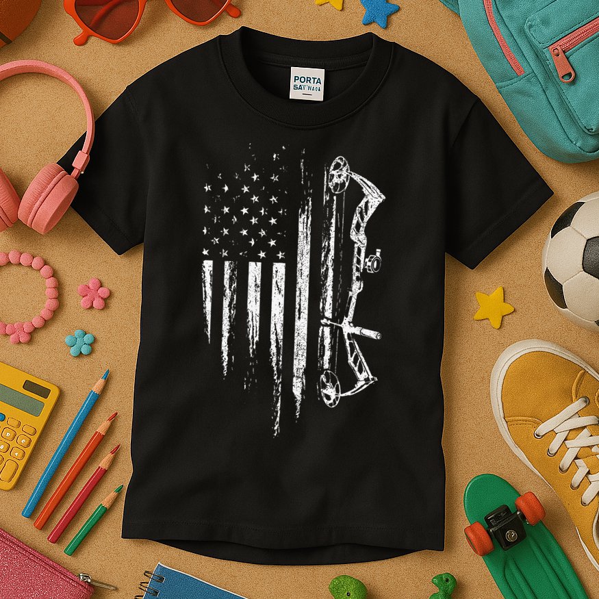 American Flag Bowhunting Bow Archery Gift For Deer Hunter Kids T-Shirt