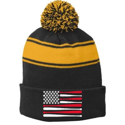 American Flag Baseball Usa Vintage Baseball Sport Fan Stripe Pom Pom Beanie