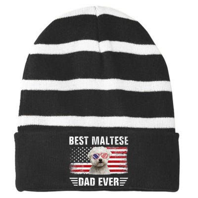 American Flag Best Maltese Dad Ever Dog Dad Fathers Day Striped Beanie with Solid Band