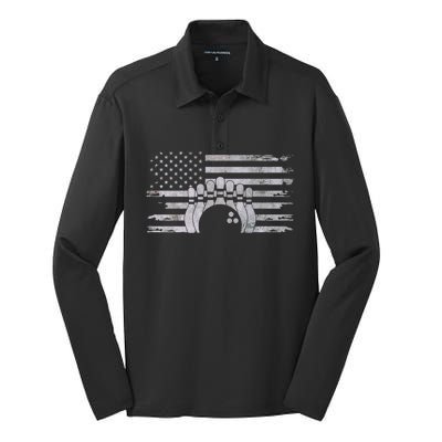 American Flag Bowling Bowling Gift Silk Touch Performance Long Sleeve Polo