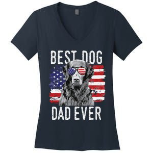 American Flag Best Dog Dad Ever Flatcoated Retriever Usa Women's V-Neck T-Shirt