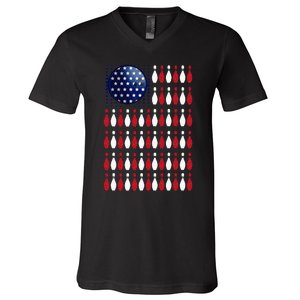 American Flag Bowling Bowler Gifts For Bowling Team V-Neck T-Shirt