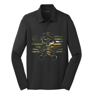 American Flag Biker Motorcycle Silk Touch Performance Long Sleeve Polo