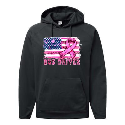 American Flag Bus Driver Ribbon Breast Cancer Awareness Gift Performance Fleece Hoodie