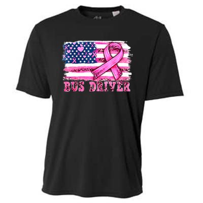 American Flag Bus Driver Ribbon Breast Cancer Awareness Gift Cooling Performance Crew T-Shirt