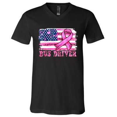 American Flag Bus Driver Ribbon Breast Cancer Awareness Gift V-Neck T-Shirt