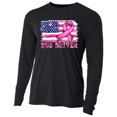 American Flag Bus Driver Ribbon Breast Cancer Awareness Gift Cooling Performance Long Sleeve Crew