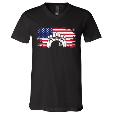 American Flag Bowling Apparel Bowling V-Neck T-Shirt