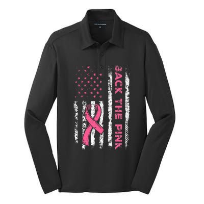 American Flag Back The Pink Breast Cancer Awareness Ribbon Silk Touch Performance Long Sleeve Polo