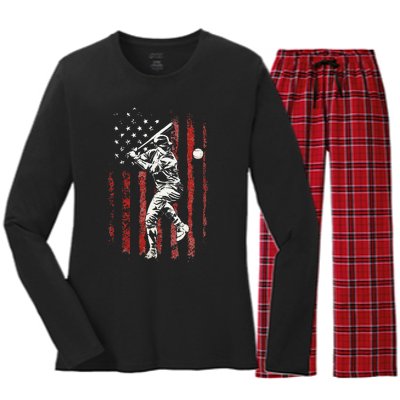 American Flag Baseball Team Gift Women's Long Sleeve Flannel Pajama Set 