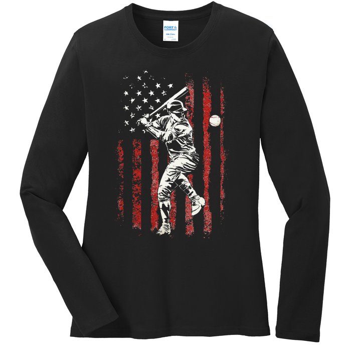 American Flag Baseball Team Gift Ladies Long Sleeve Shirt