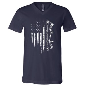 American Flag Bowhunting Bow Archery Gift For Deer Hunter V-Neck T-Shirt