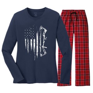 American Flag Bowhunting Bow Archery Gift For Deer Hunter Women's Long Sleeve Flannel Pajama Set 