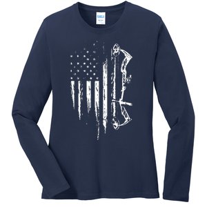 American Flag Bowhunting Bow Archery Gift For Deer Hunter Ladies Long Sleeve Shirt