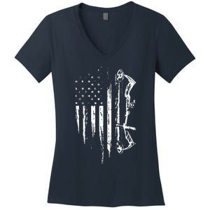 American Flag Bowhunting Bow Archery Gift For Deer Hunter Women's V-Neck T-Shirt