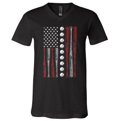 American Flag Baseball Red White Blue 4th Of July V-Neck T-Shirt