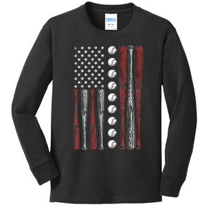 American Flag Baseball Red White Blue 4th Of July Kids Long Sleeve Shirt