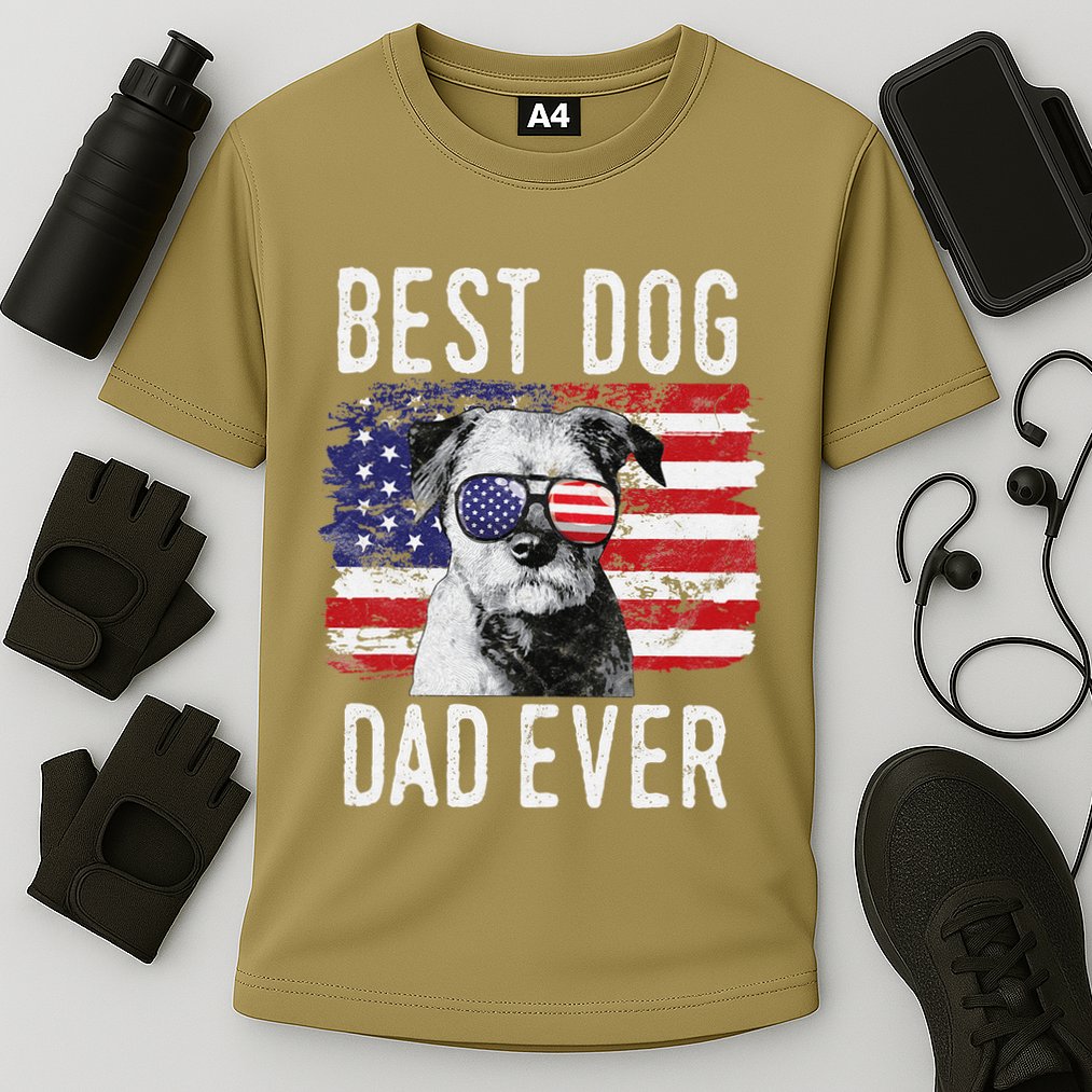 American Flag Best Dog Dad Ever Border Terrier Usa Cooling Performance Crew T-Shirt