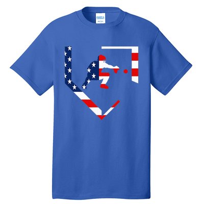 American Flag Baseball Catcher Gear Baseballin Tall T-Shirt