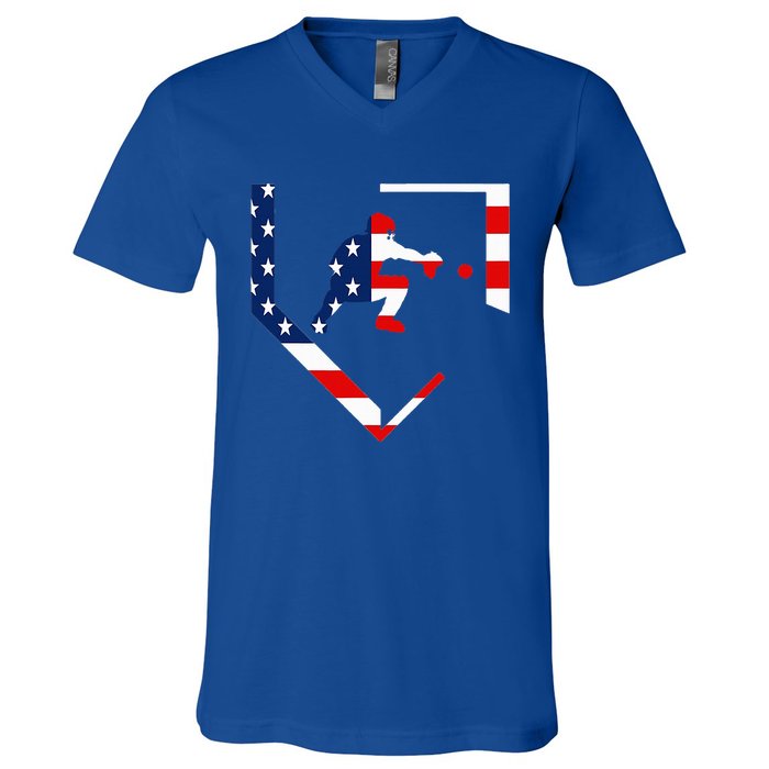 American Flag Baseball Catcher Gear Baseballin V-Neck T-Shirt